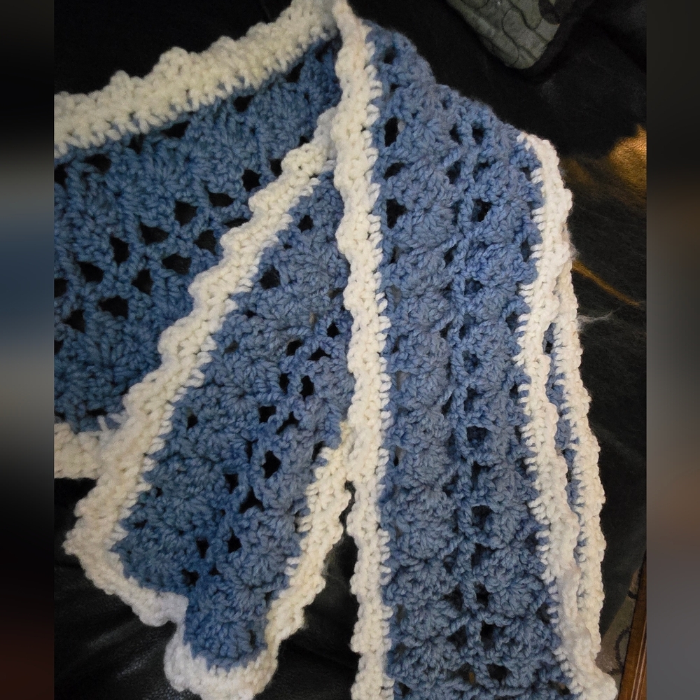 Homemade Artisan Blue & White Crochet Scarf 60" - Picture 5 of 6